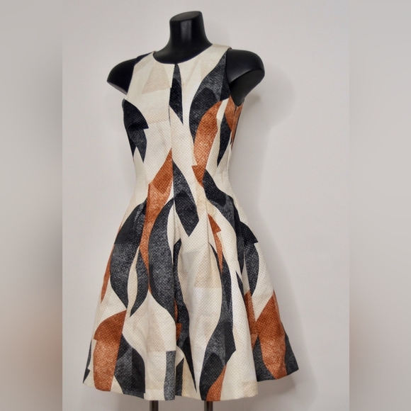 H&M Geometric Print Black, White Brown Dress Size 8 - Picture 2 of 5